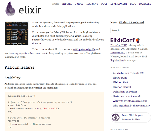 Elixir公式サイトのトップページ。紫の雫ロゴと言語紹介、コード例やv1.6リリース告知が並ぶ