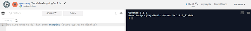 repl.it repl.itのオンライン実行画面、右側にClojure 1.8.0のREPLが起動した状態