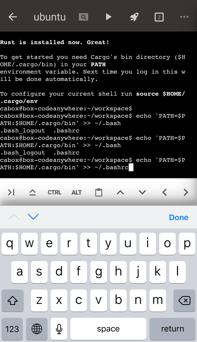 Rustインストール完了後、echoコマンドでcargoのbinパスを.bashrcに追記する端末画面