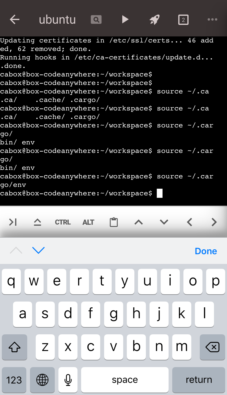 Codeanywhereのiosターミナルでsource ~/.cargo/envを実行しcargoのPATHを読み込む画面