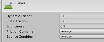 Unityの物理特性マテリアル設定で反発係数Bouncinessを0.9にセットしたInspector