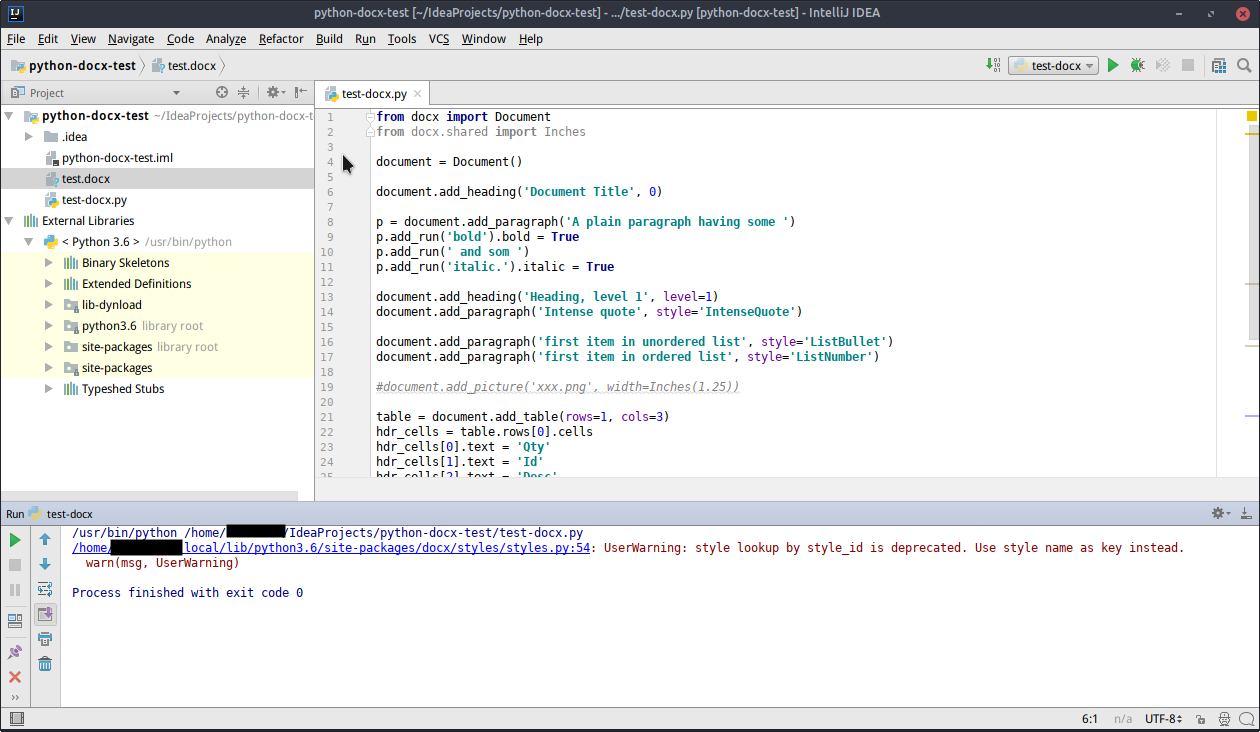 IntelliJ IDEAでpython-docxのtest-docx.pyを編集し、実行結果にstyle_id非推奨のUserWarningが出た画面