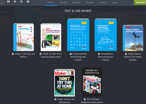 Humble Bundleの$1以上バンドル。Make系の電子書籍やArduino関連書籍が並ぶ一覧
