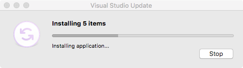 update Visual Studioの更新ダイアログ。5項目をインストール中で進捗バーが表示されている