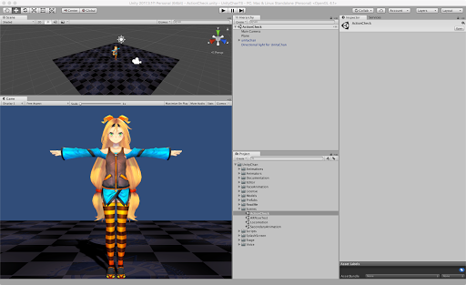 UnityエディタのシーンビューにTポーズで表示されたユニティちゃん3Dモデルとプロジェクト構成