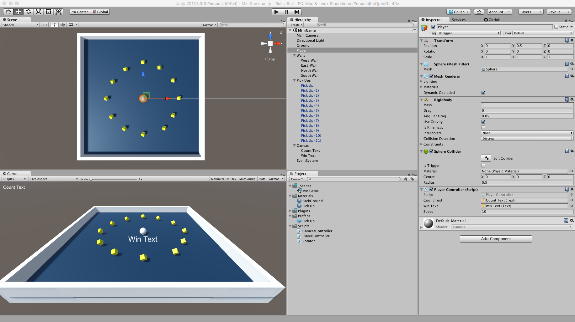 Unity の Roll a Ball サンプル画面と Player の Rigidbody 設定