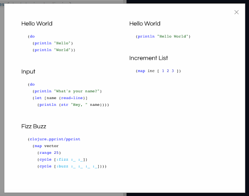 examples repl.itのexamples一覧。Hello World、Input、Fizz Buzz、Increment ListのClojureコード例