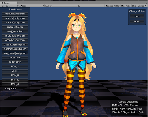 Unityの実行画面。中央にユニティちゃんの3Dモデルが立ち、左に表情変更、右にモーション切替のボタンが並ぶ