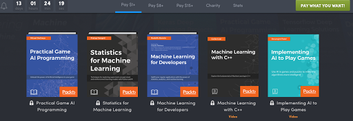 Humble Bundle の$1以上枠、機械学習・ゲームAI関連の電子書籍5冊が並ぶバンドル画面