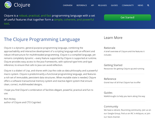 clojure.org Clojure公式サイトのトップページ。ロゴとナビゲーション、緑色のGet Startedボタン、言語紹介文