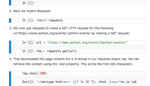 requestsをインポートしpython.org/events/python-eventsにGETリクエストを送る手順のチュートリアル画面